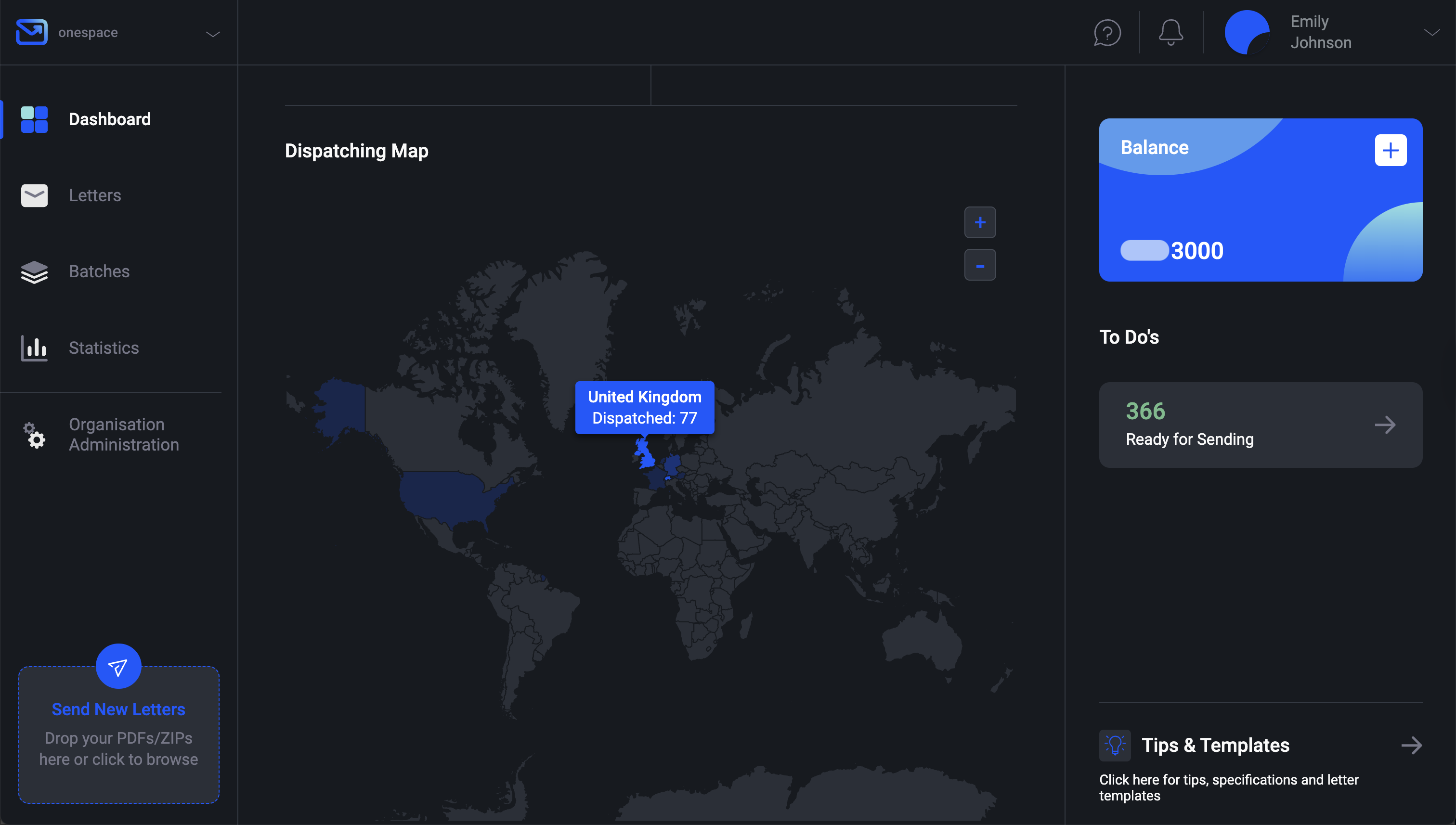 Pingen WebApp dashboard showing letters dispatching map
