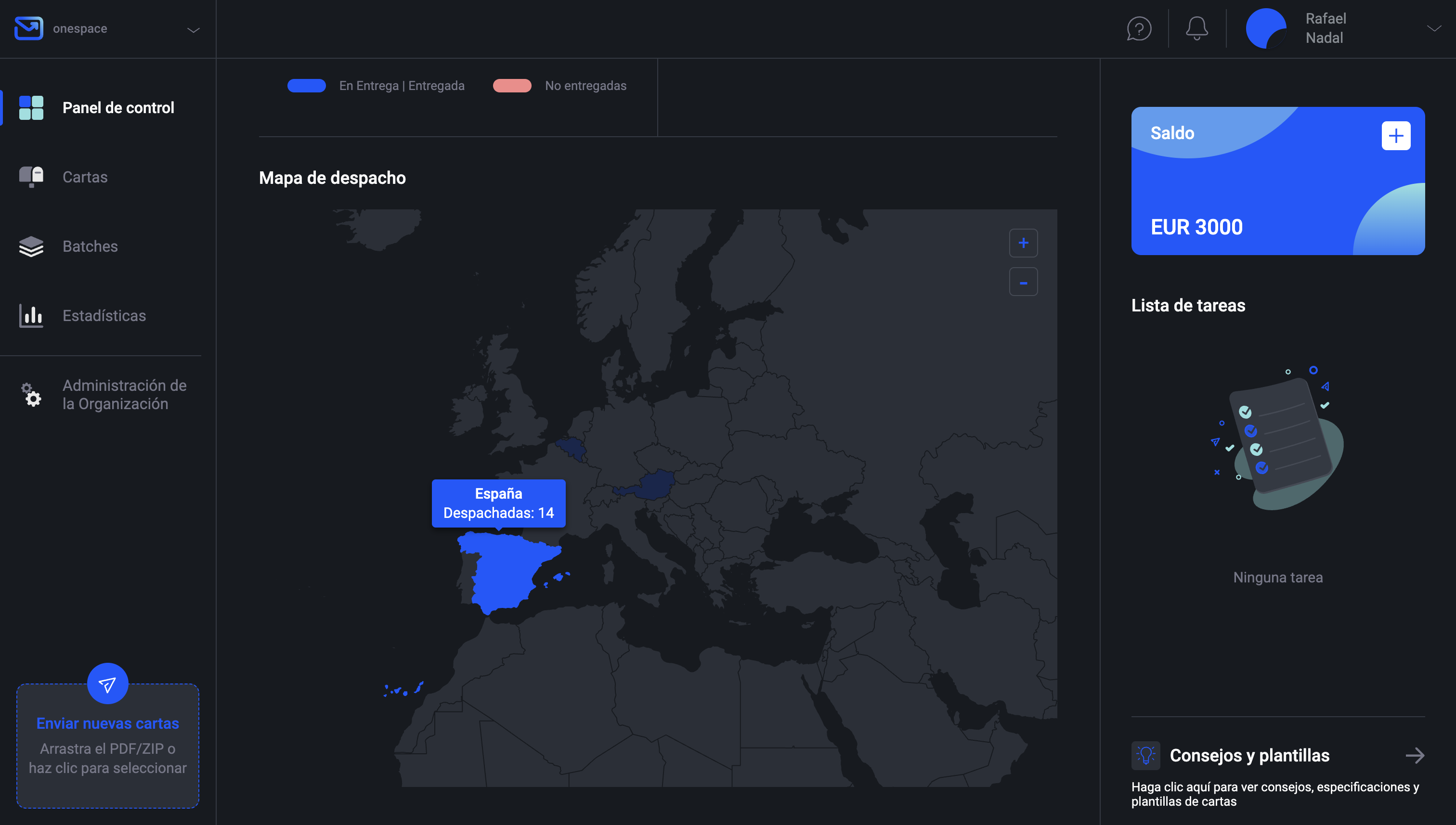 Panel de control de Pingen mostrando un mapa de envío de cartas