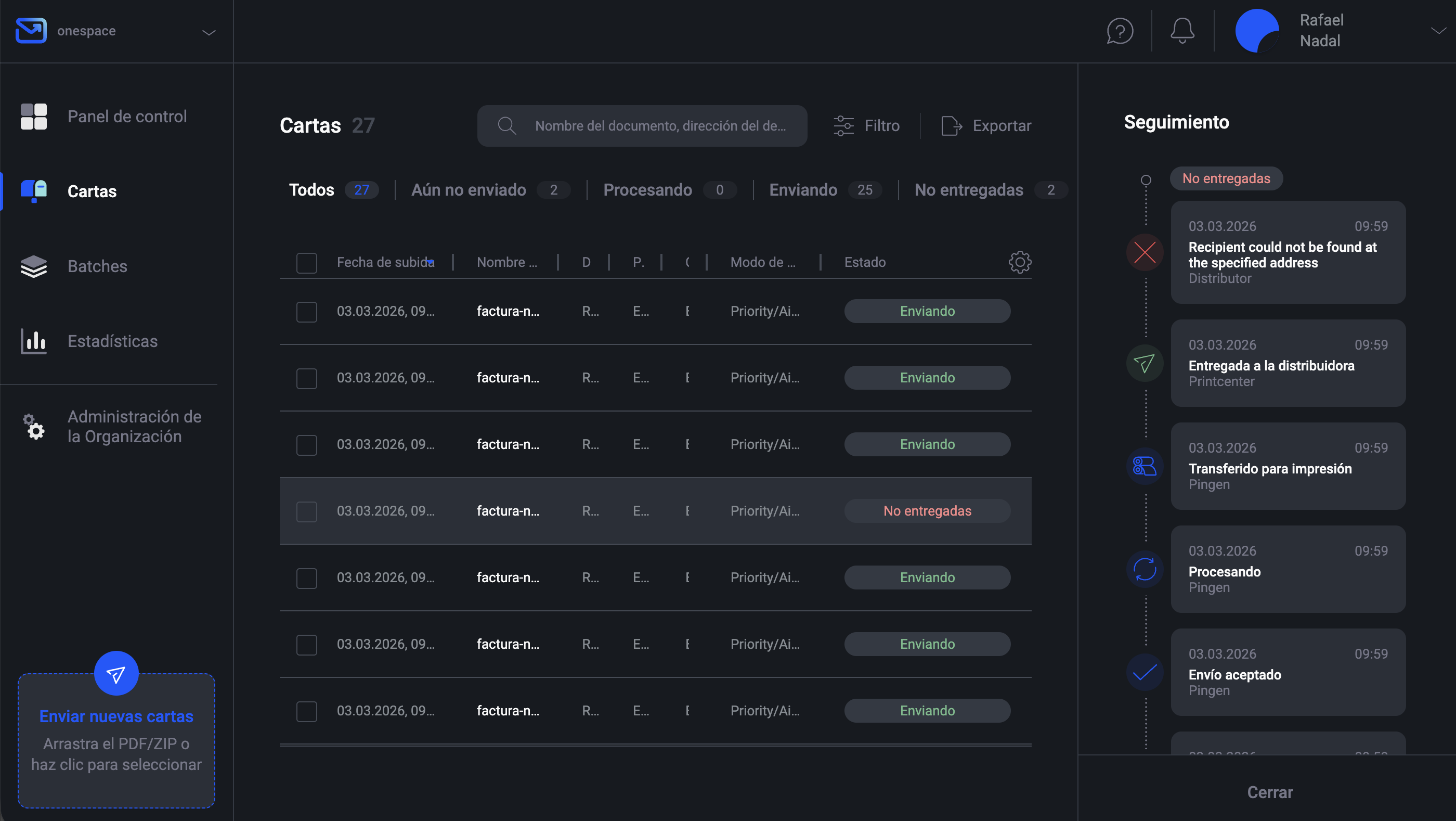 Lista de cartas de Pingen que muestra el procesamiento digital del correo no entregable