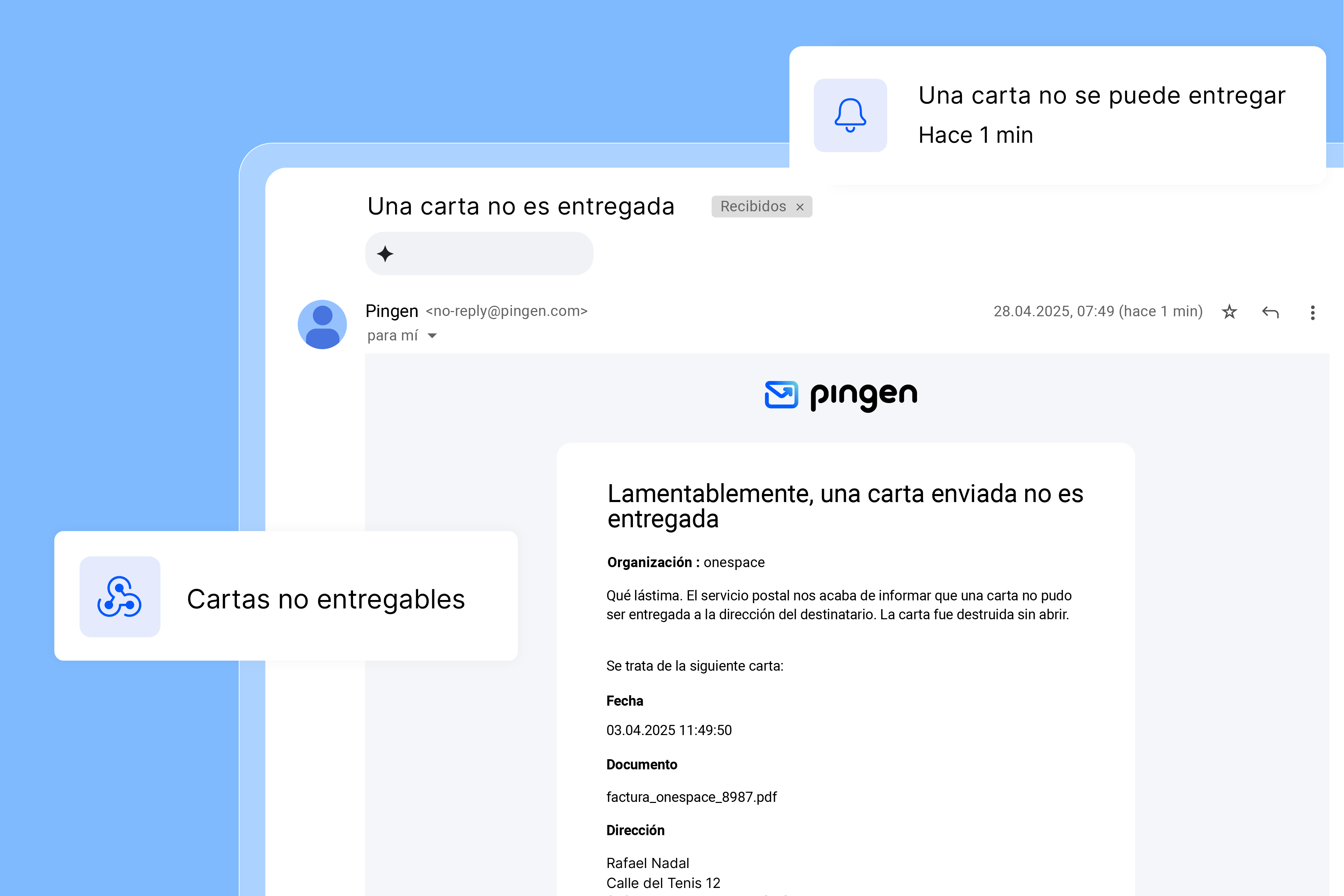 Notificación por correo de Pingen sobre envío devuelto