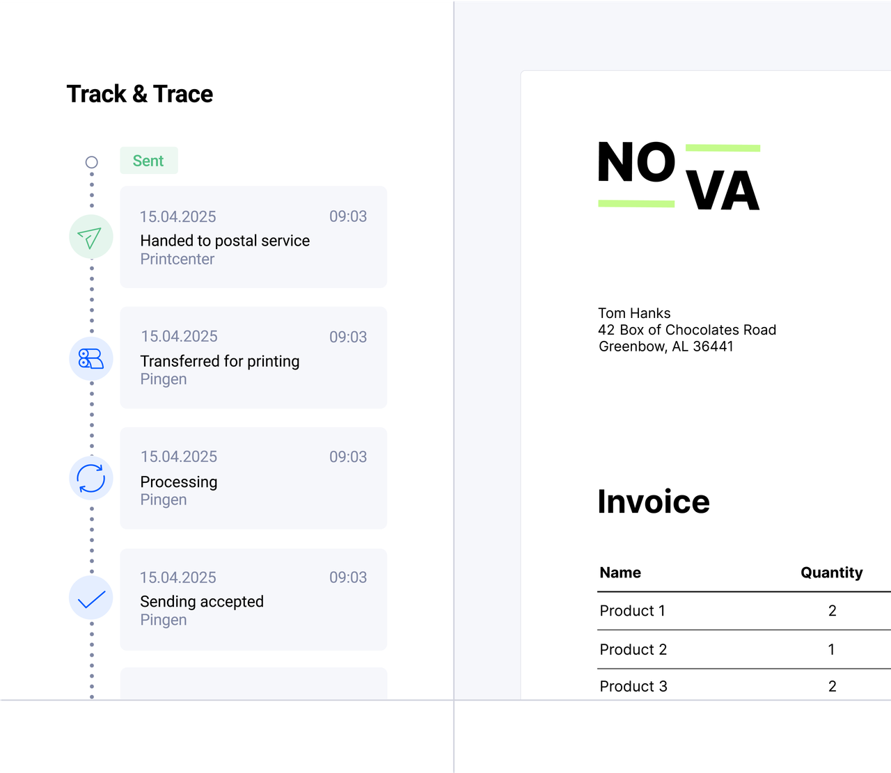 Interface of Pingen displaying real-time letter tracking information