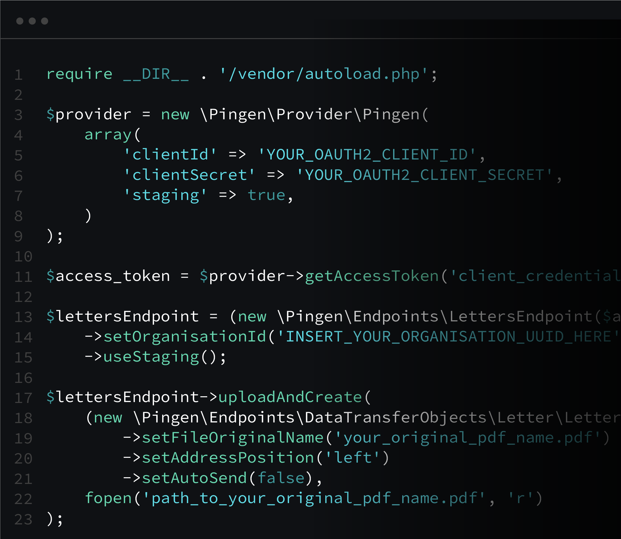 Example PHP code demonstrating how to use the Pingen API to upload and create letters