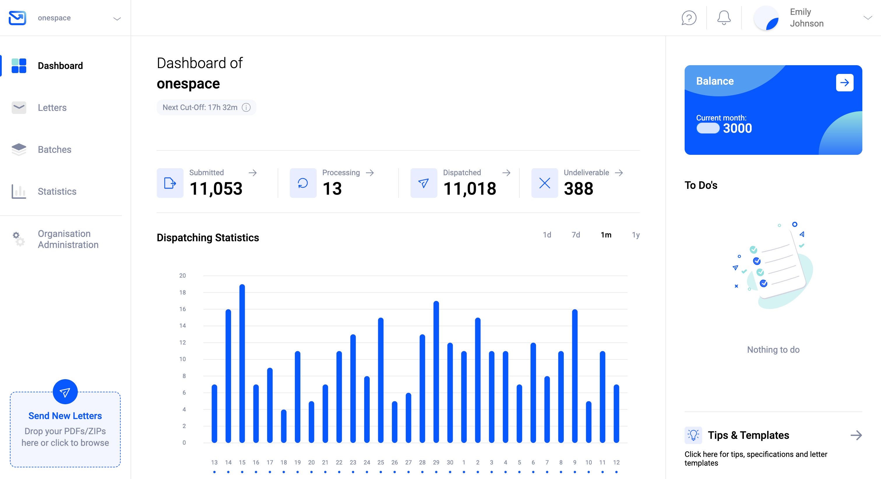Main dashboard of the Pingen WebApp