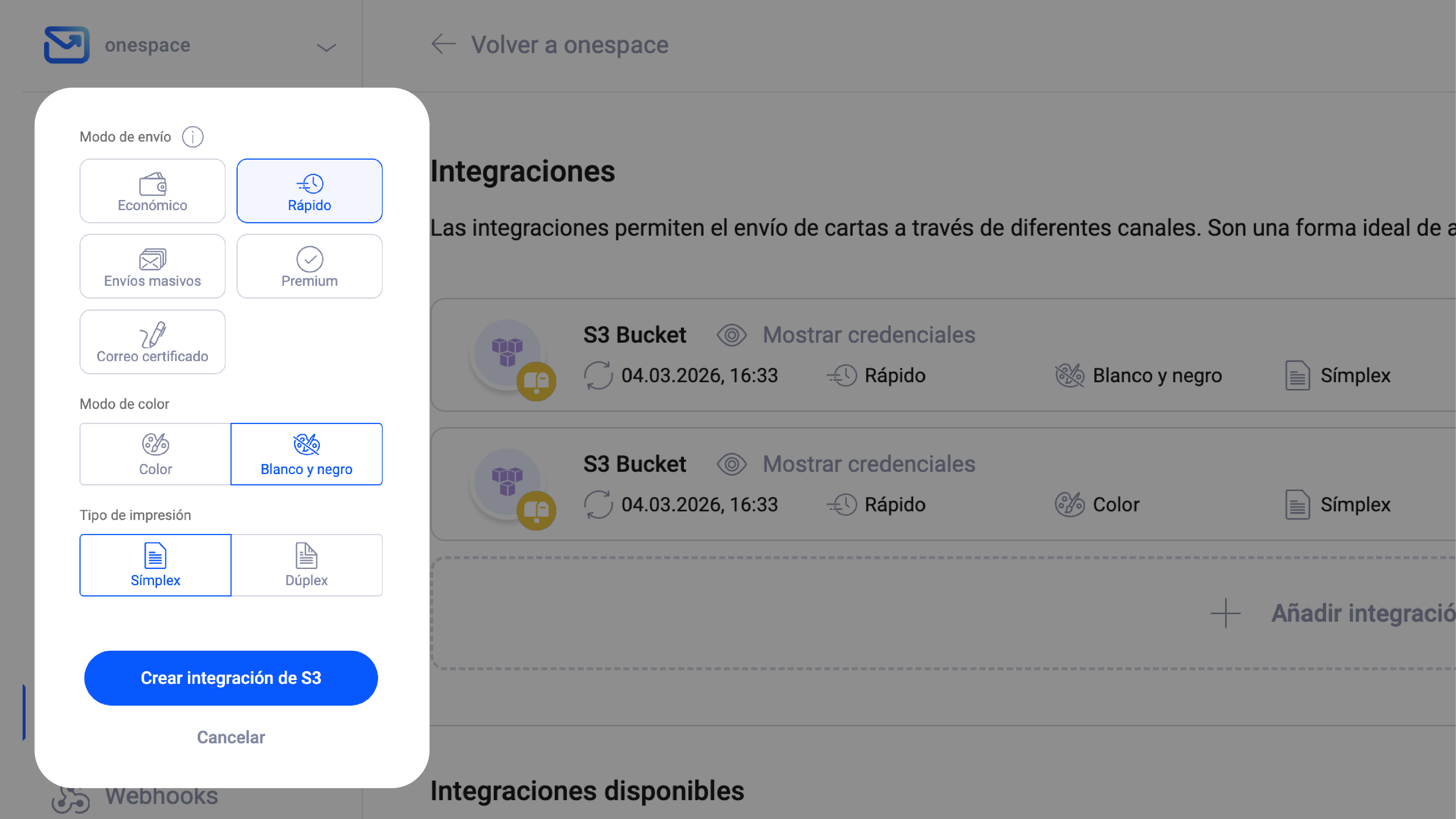 Opciones de impresión y envío en la WebApp de Pingen