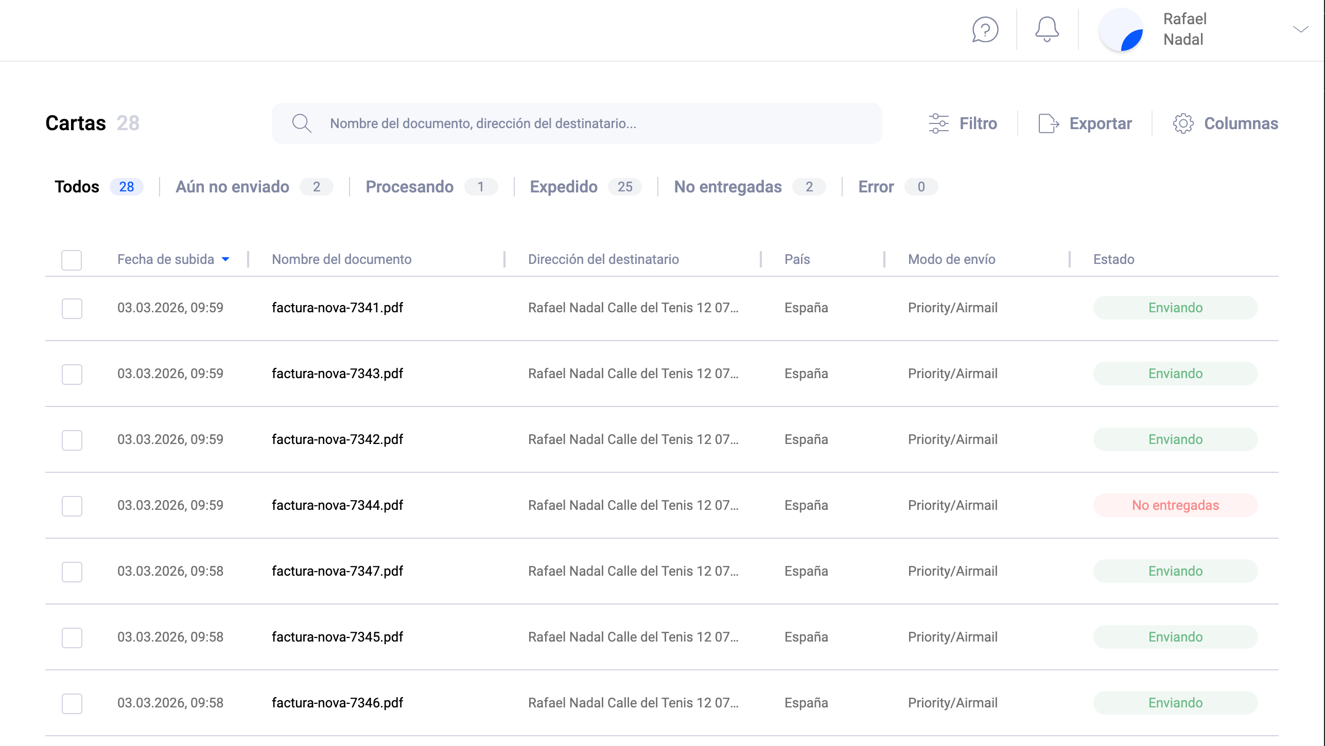Pingen web app estados de seguimiento