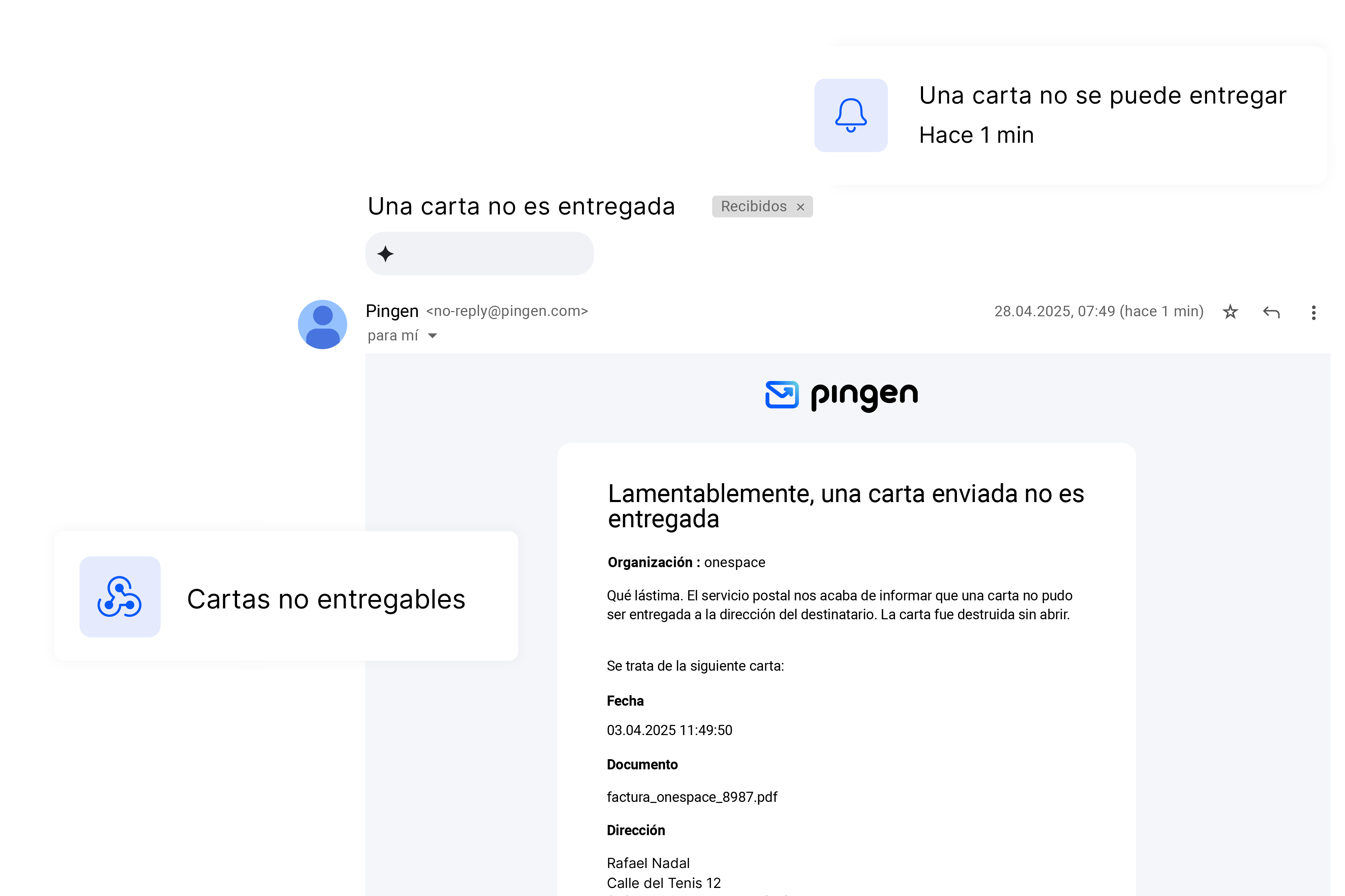 Correo electrónico de Pingen notificando sobre una carta no entregable
