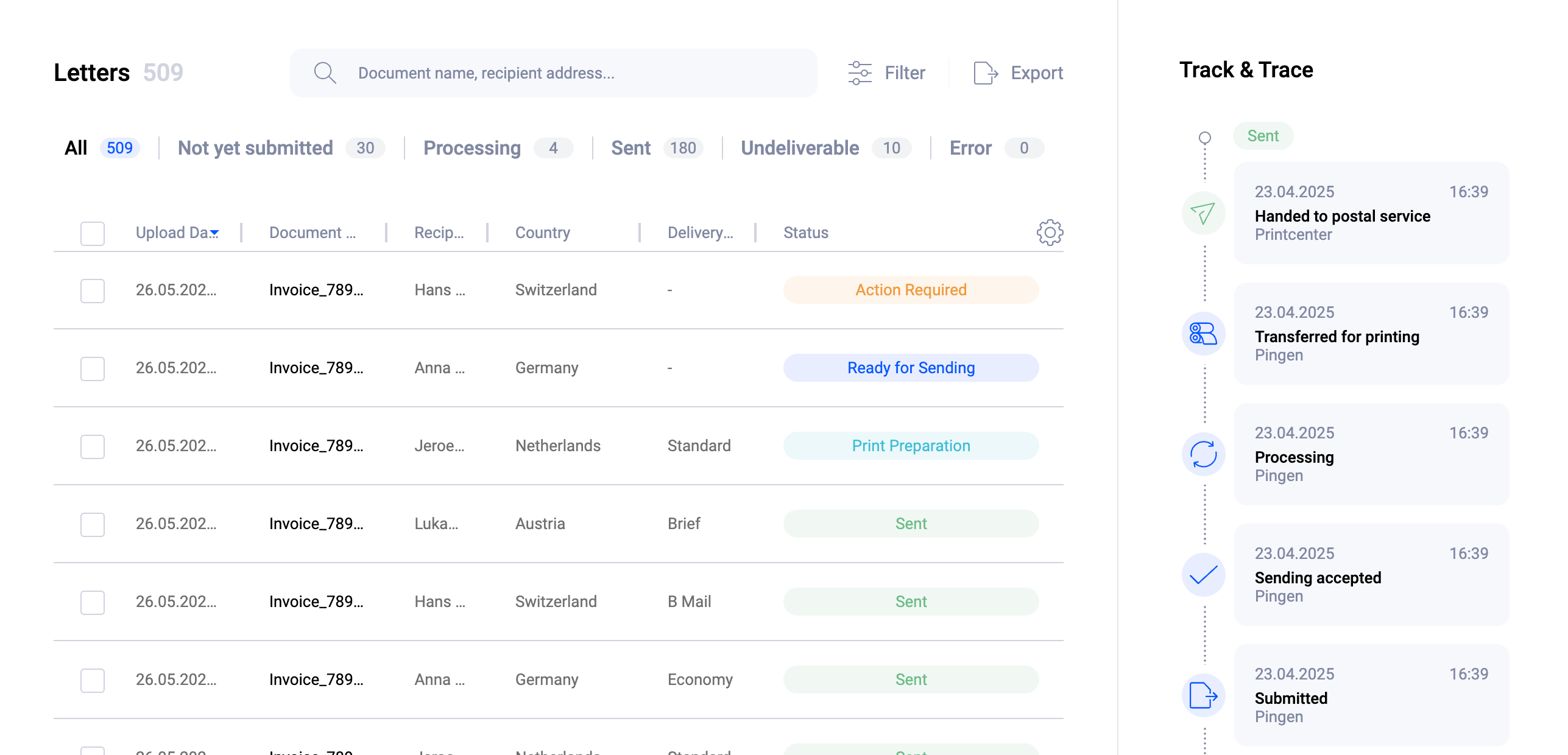 Pingen web app showing real-time tracking status