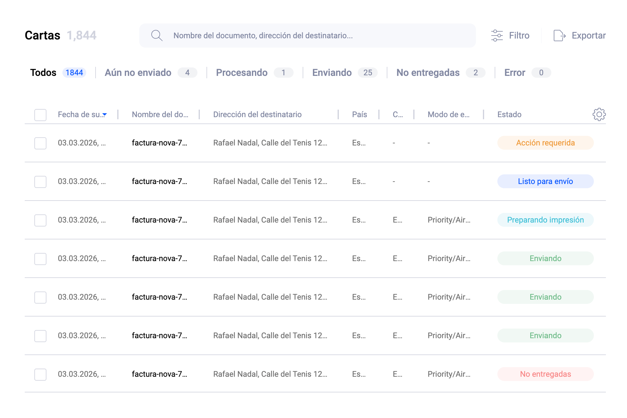 Estados de seguimiento en la WebApp de Pingen