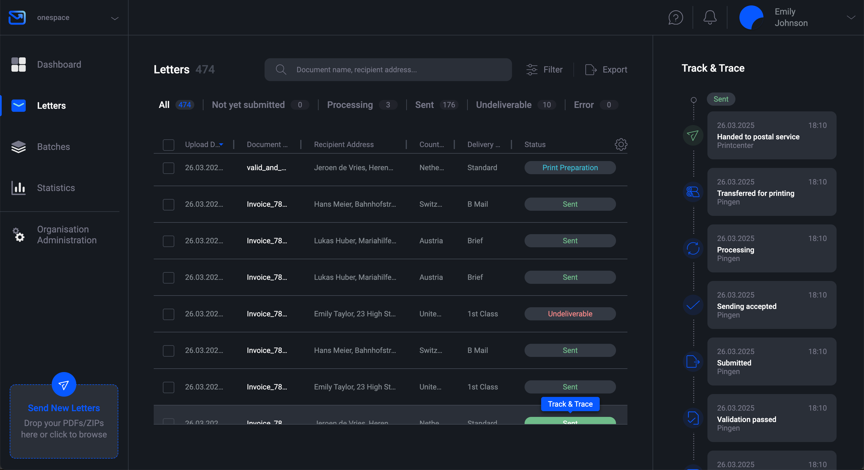 Pingen WebApp showing real-time tracking status