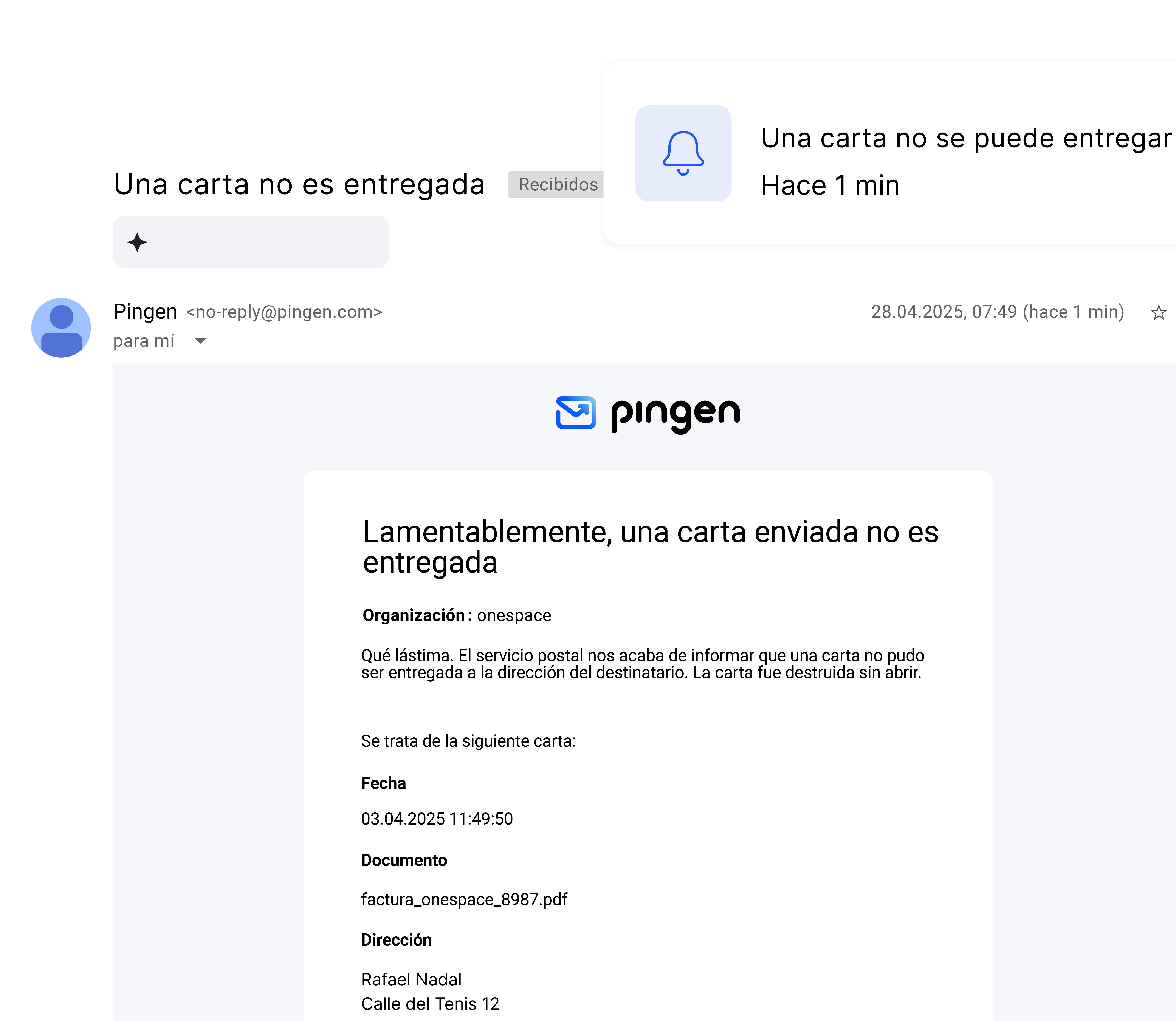 Correo electrónico de Pingen notificando sobre una carta no entregable
